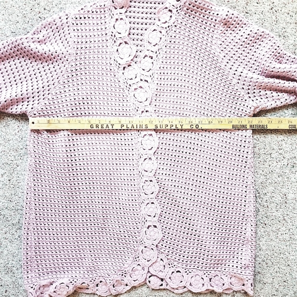 Knit Cardigan Crochet Granny Square TrimOpen Front 3/4 Sleeve Cotton Blend - Picture 2 of 8